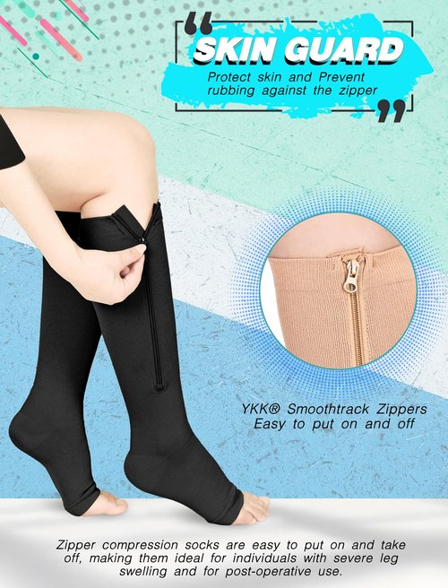 Athbavib 2 Pairs Compression Socks for Women & Men with Zipper 15-20 mmhg, Wide Calf Open Toe Plus Size Compression Socks Men, Knee High Compression Stockings for Flying Nurses Pregnant Women Travel