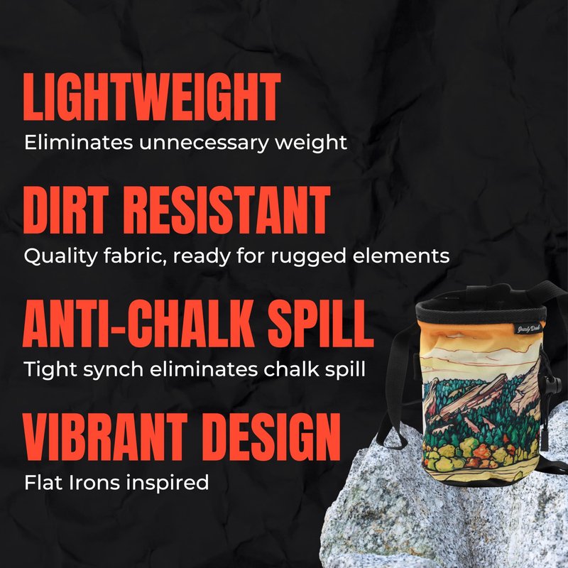 GNARLY DOOD Flat Irons Rock Climbing Chalk Bag | for Outdoor, Gym, & Bouldering | Adjustable Waist Belt, Durable Drawstring Closure, & Zippered Pocket