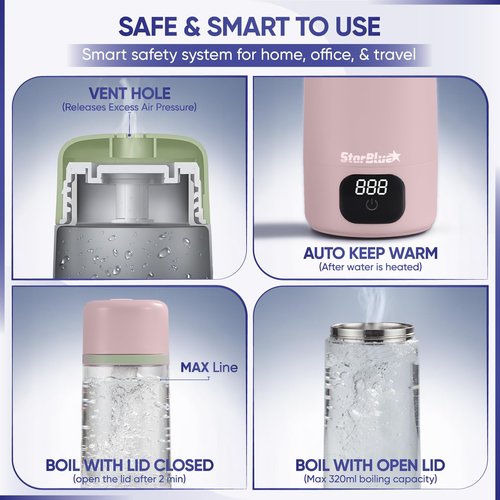 StarBlue Portable Travel Kettle Pink, 350ml, Water Kettle Electric with Global Voltage, 6 Temperature Modes, ℃/℉ Switchable Display, Compact Water Boiler for Home and Office 100-240V 50-60Hz 250-300W