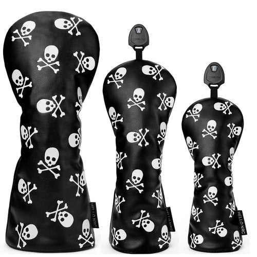 Gbourly 3PCS Skeleton Golf Club Skull and Crossbones Driver, Fairway Wood and Hybrid Head Covers Set PU Leather Headcovers for Women and Men (Black)