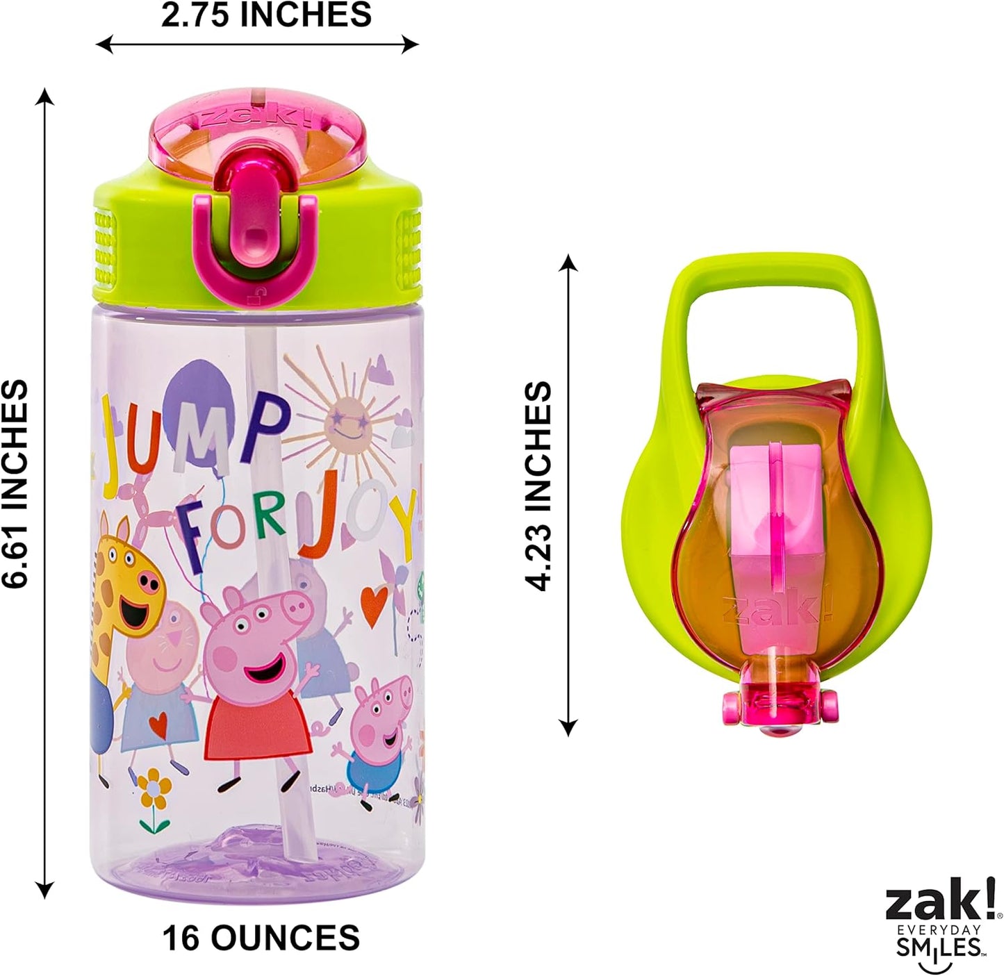 Zak Designs Peppa Pig Kids Water Bottle - 16oz Durable Plastic with Straw, Handle & Leak-Proof Design