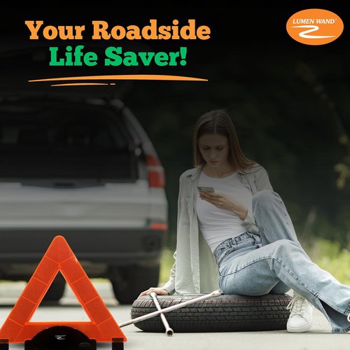 Lumen Wand LED Reflective Warning Triangle Kit - 3-Pack for Road Safety | Metal Base, Internal LEDs & Reflectors, Storage Bag Included