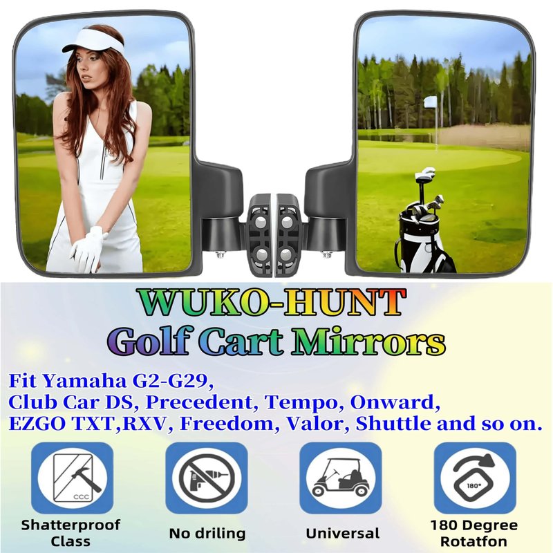 WUKO HUNT Golf Cart Side Mirrors - No Drilling Extra Large HD Glass, Universal Fit for EZGO, Yamaha, Club Car & EPI. 180° Adjustable Folding Rear View Mirrors with 3 Size Clips