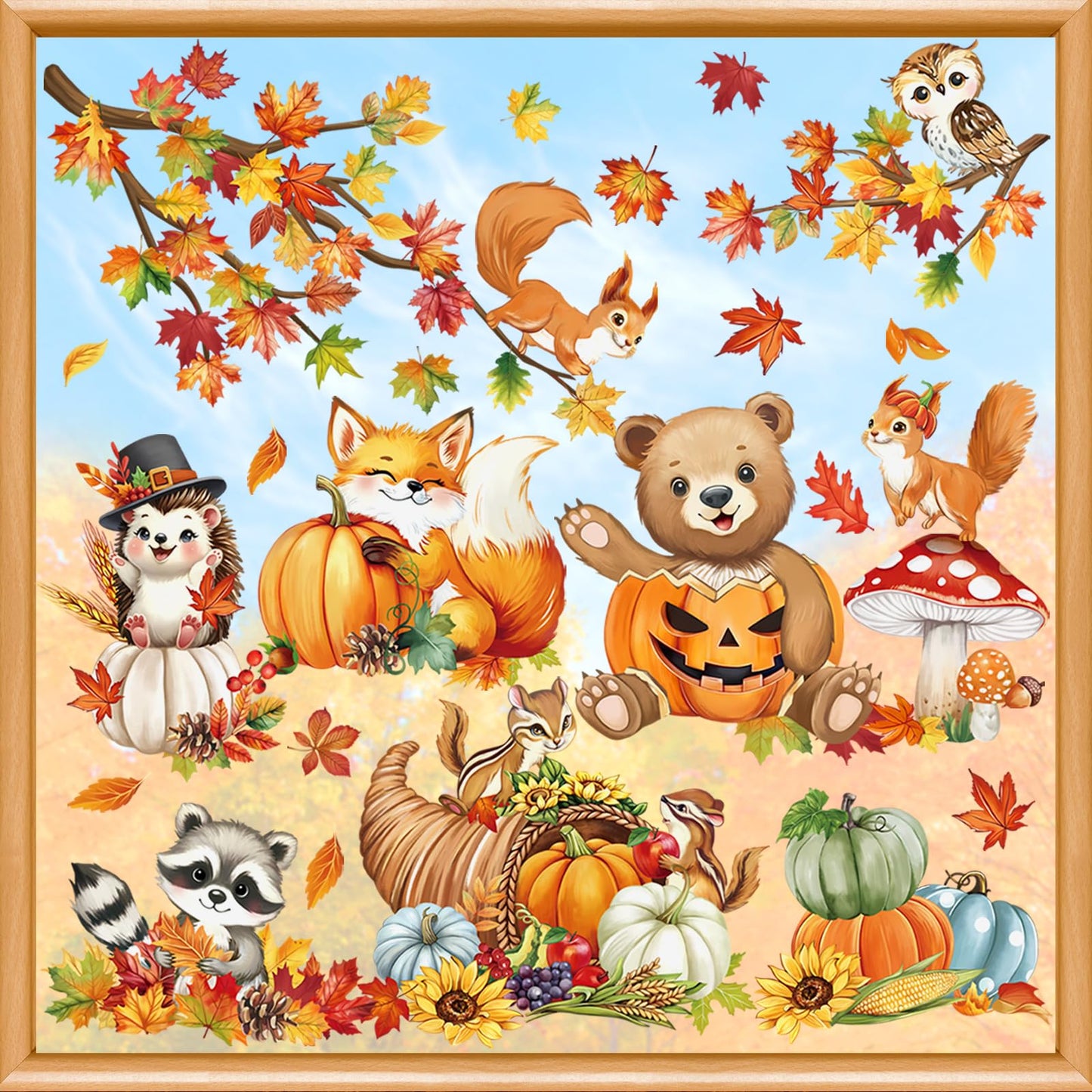 decalmile Woodland Animals Fall Pumpkin Double Sided Window Clings Thanksgiving Autumn Harvest Bear Fox Racoon Anti-Collision Glass Doors Window Stickers Decals