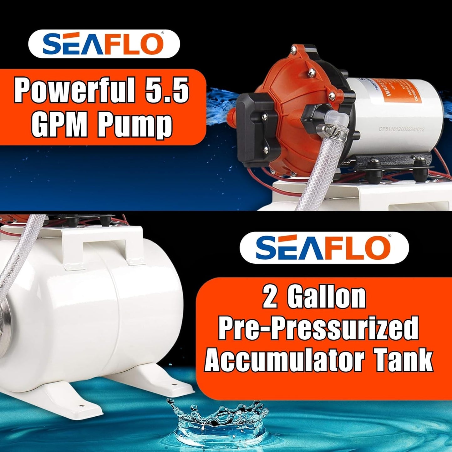 SEAFLO Marine Water Pump - 12V DC 60 PSI 5.5 GPM with 2 Gallon Accumulator Tank System | Quiet Operation & 4-Year Warranty