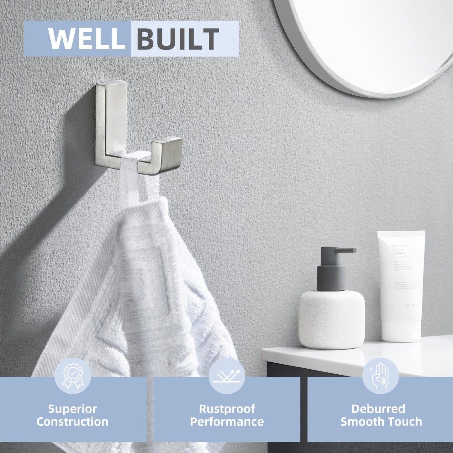 Angle Simple Towel Hook for Bathroom, SUS 304 Stainless Steel Shower Robe Coat Hook for Wall, Brushed Nickel