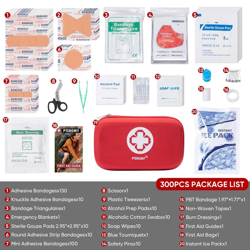 PTEROMY 300 Piece First Aid Kit, Portable Small Emergency Kits Compact 1st Aid Kit with Hard Storage Case for Car, Travel, Home, Camping, Outdoor, Hiking