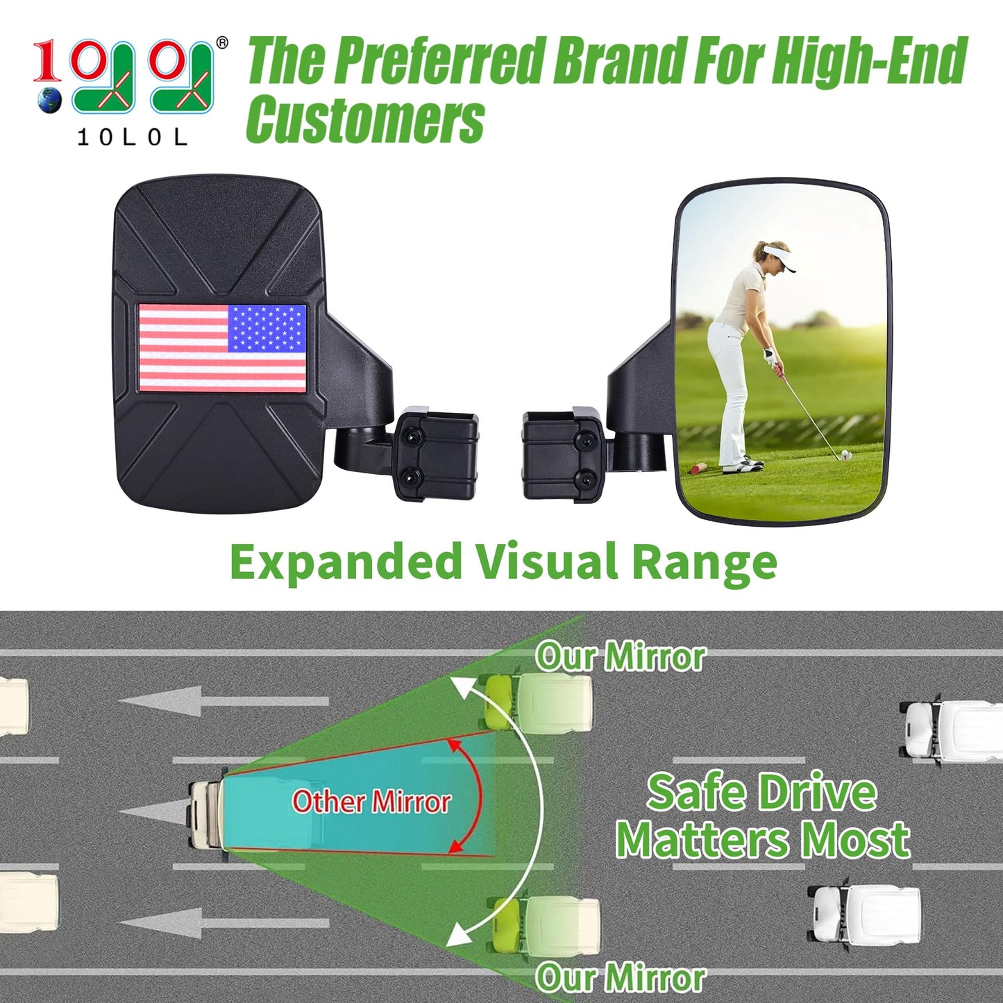 10L0L Golf Cart Mirror Side No Drilling Required, Patriotic Style Folding Mirror Universal Fits Yamaha, Club Car, EZGO, Golf Cart
