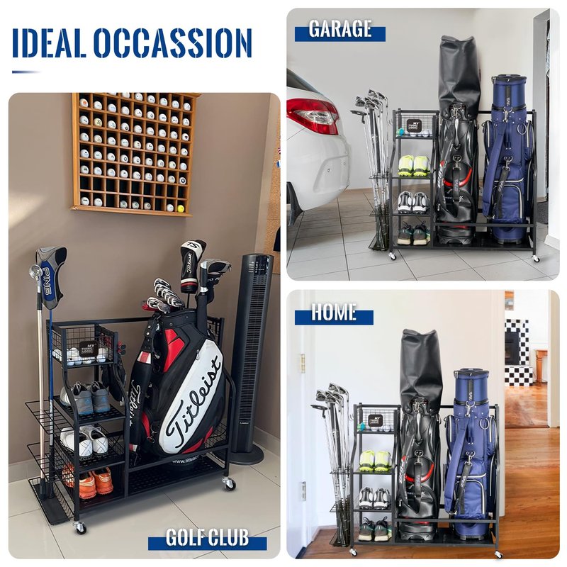 Mythinglogic Golf Storage Garage Organizer,Golf Bag Storage Stand and Other Golfing Equipment Rack,Extra Large Design for Golf Clubs Accessories,2 golf bag rack