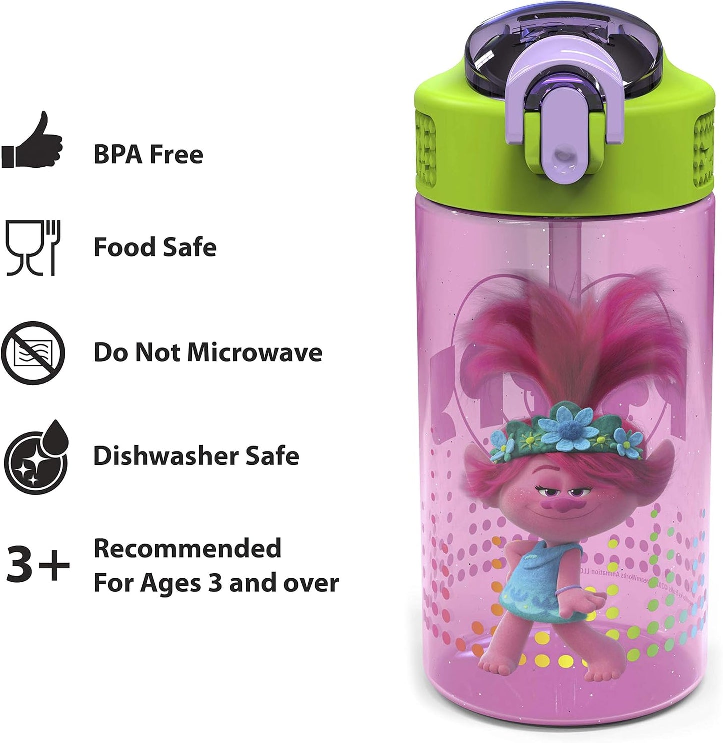 Zak Designs DreamWorks Trolls 2 Kids Water Bottle - Durable Leak-Proof Design | 16oz, 2-Pack