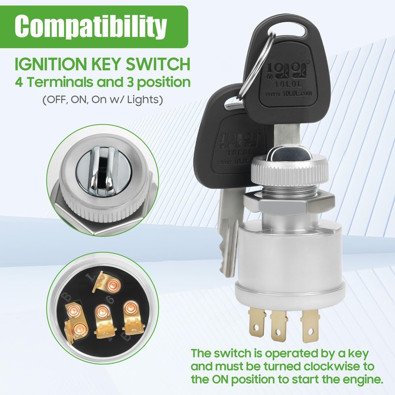 10L0L Ignition Switch for EZGO Golf Carts (1981-Up) - 4-Terminal Key Starter Switch Compatible with TXT, Workhorse, ST, Shuttle & Medalist Models - Replace OEM 33639-G01 (Standard Key)