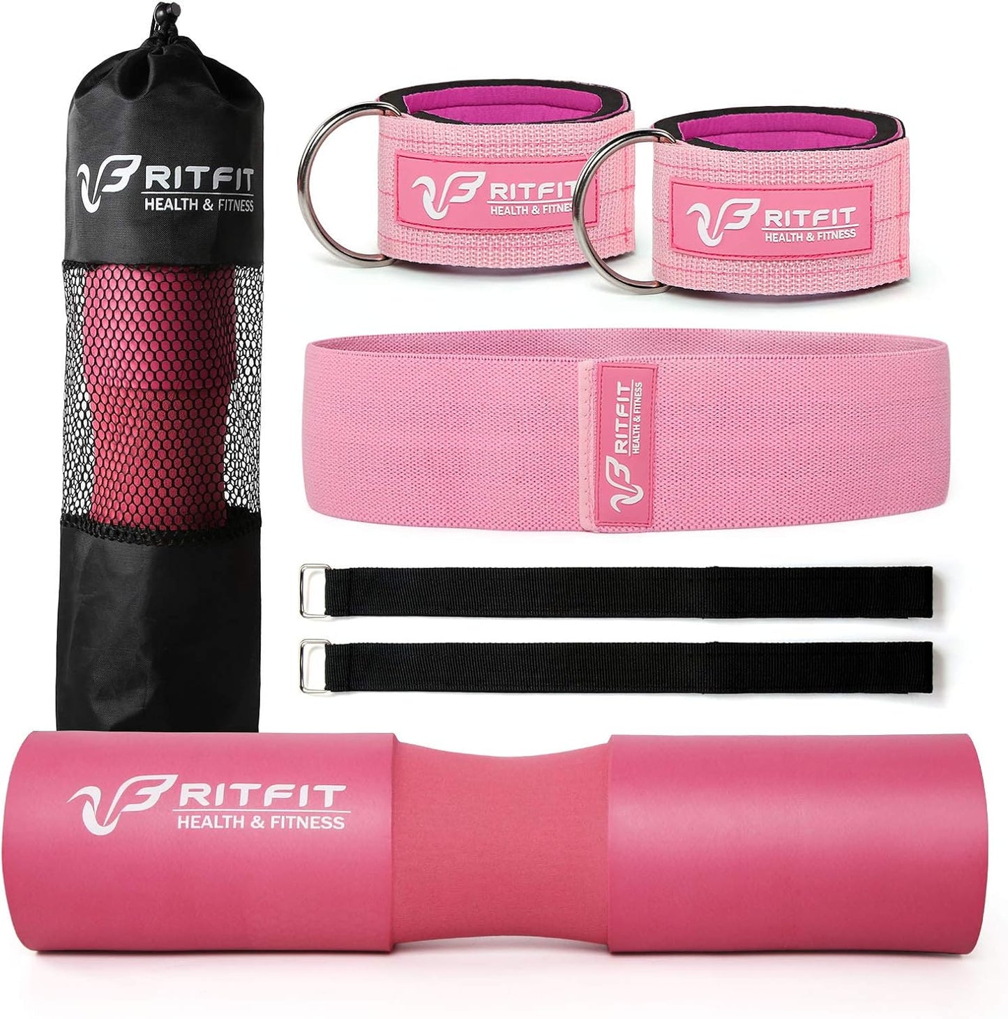 RitFit Barbell Squat Pad Set - 7 Pcs with Resistance Band & Safety Straps | Upgraded Neck & Shoulder Support (Pink/Black)