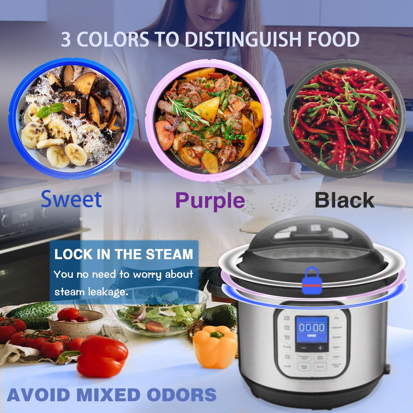 Beaquoei 4 Pack 8 QT Silicone Sealing Ring for Instanpot Replacement Silicone Gasket Seal Rings with 4 Colors with 4 Float Valve Seal Gasket, Fits Duo/Plus 8, Ultra 8, Lux 8, Smart 8, Nova 8, CSG 8