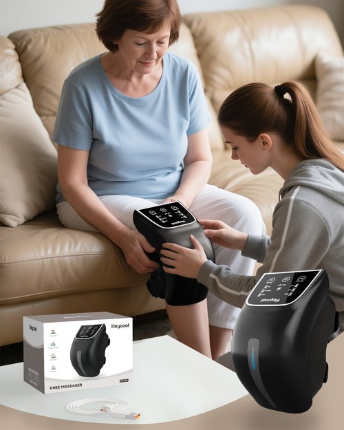 Heycool Cordless Knee Massager with Heat, Knee Massager for Pain Relief, 3 Vibration Modes & 3 Heating Levels, Adjustable Straps