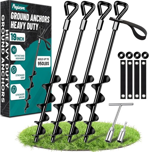 19-Inch Heavy Duty Ground Anchors by [Brand Name] - Screw-In Trampoline Stakes for High Wind | Strong Straps for Swing Sets & Sheds (4 Pack)