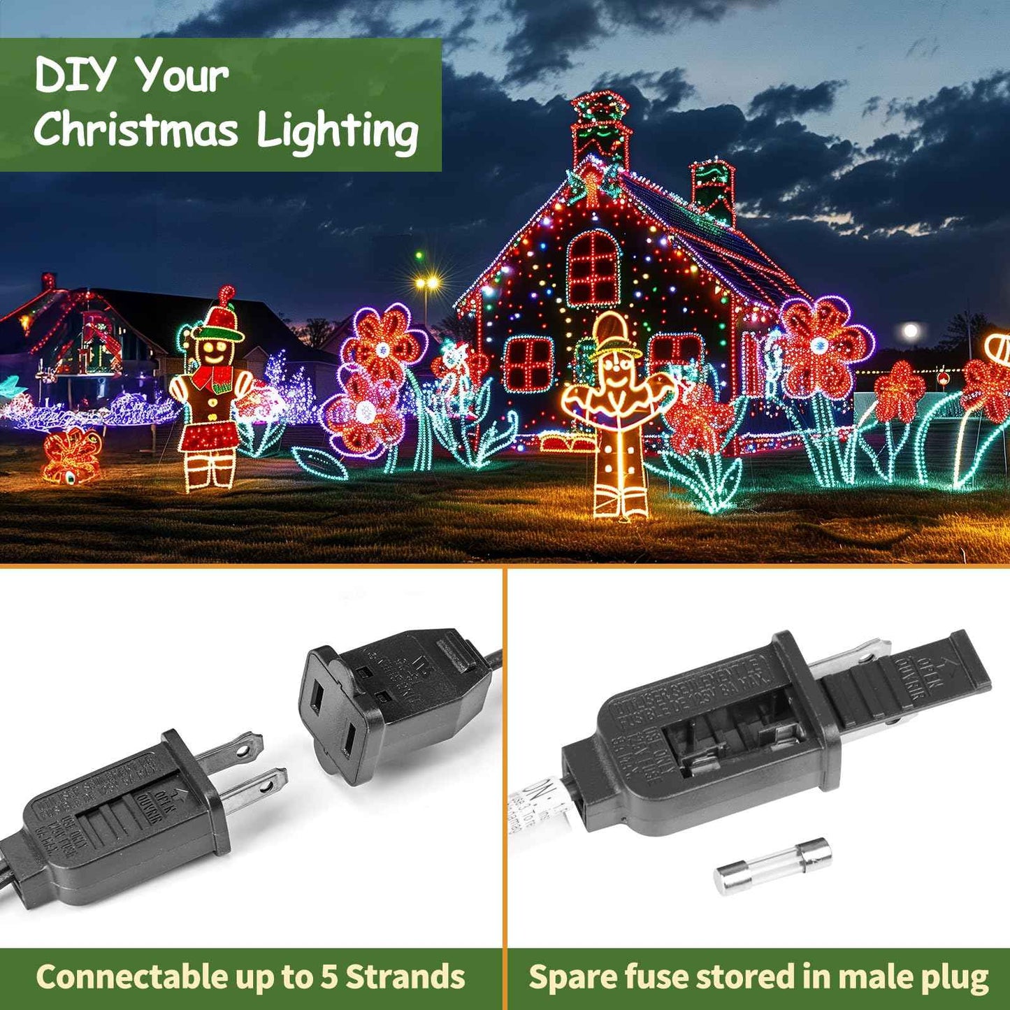 (2 Pack) Total 100 FT C9 Light Strand, Outdoor String Light Christmas Stringer with 100 Sockets for Patio, Intermediate Base (C9/E17) - 12" Spacing, Black Wire, NOTE (Only Use for C9 LED Bulbs)