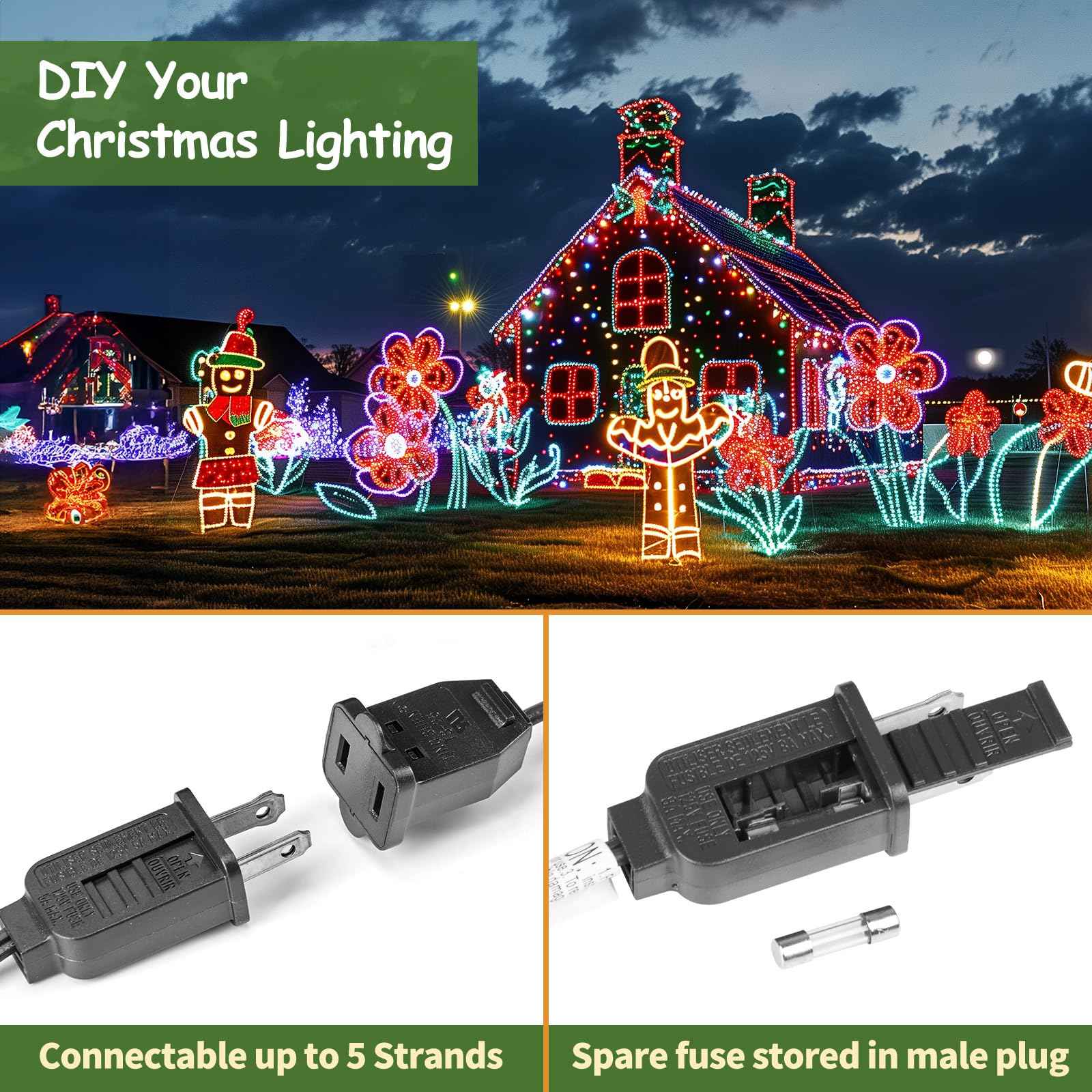 (2 Pack) Total 100 FT C9 Light Strand, Outdoor String Light Christmas Stringer with 100 Sockets for Patio, Intermediate Base (C9/E17) - 12" Spacing, Black Wire, NOTE (Only Use for C9 LED Bulbs)