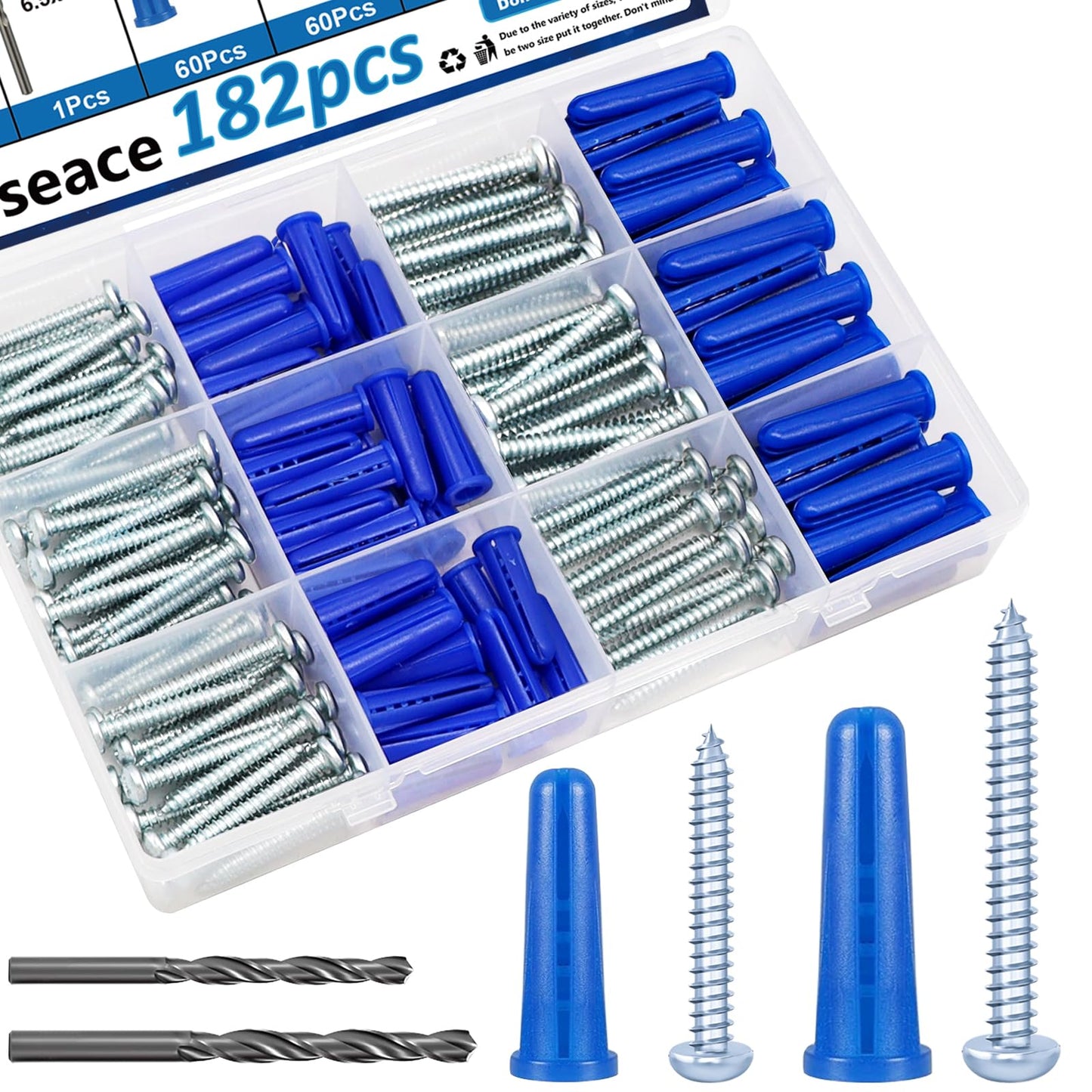 smseace Concrete Anchors and Screws Kit, 182PCS, Blue, Zinc-Plated Carbon Steel, PE Material, Screw Fasteners, Ideal for Securing Items to Walls (Brick, Concrete, Drywall, Wood), DIY Projects