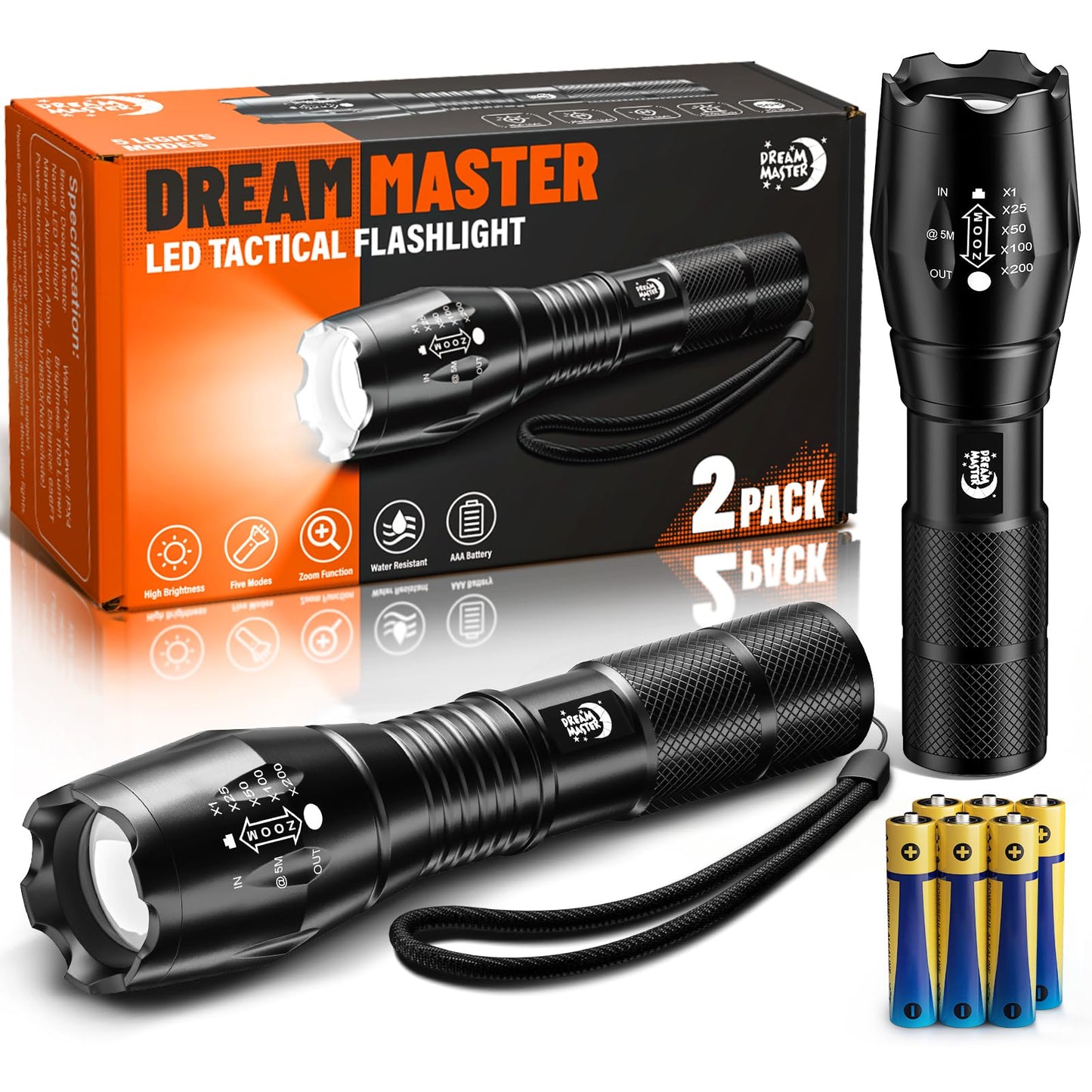 Dream Master 2 Pack LED Flashlights High Lumens with 6 AAA Batteries, 5 Modes Mini Waterproof Tactical Bright Flashlight for Camping, Hiking,Dad Gifts for Husband, Dad, Birthday Gifts for Men, Women