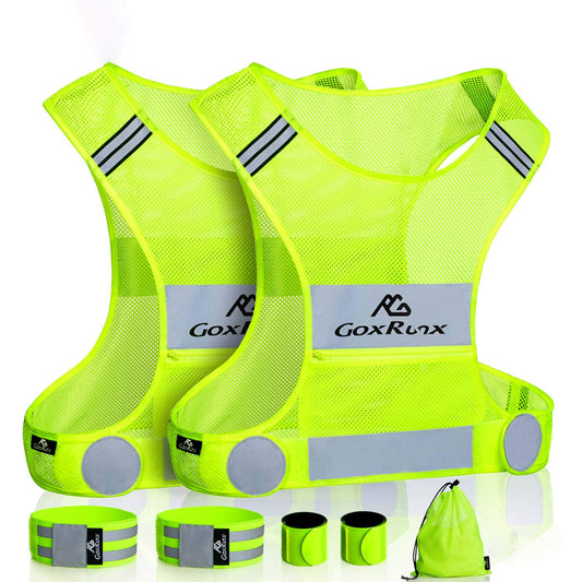 2 Pack Reflective Vest Running Gear, Ultralight & Comfy Cycling Reflective Vests with Large Pocket & Adjustable Waist for Women Men, Night Runner Safety Vest + Hi Vis Armbands & Bag(Medium)