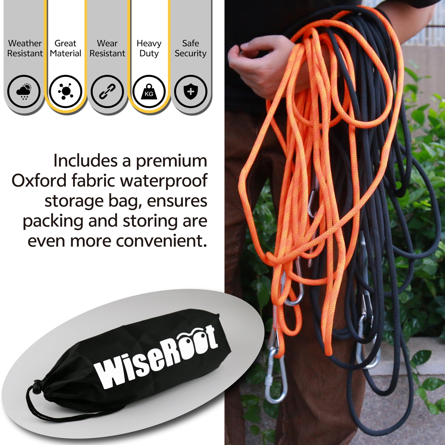 WISEROOT 8mm Static Climbing Rope: Heavy Duty Outdoor Rock Climbing Rope for Arborist Tree Work, Rescue, Camping & Hiking, (10m/32ft, 20m/64ft, 30m/96ft) Orange/Black (Orange, 32 Feet)