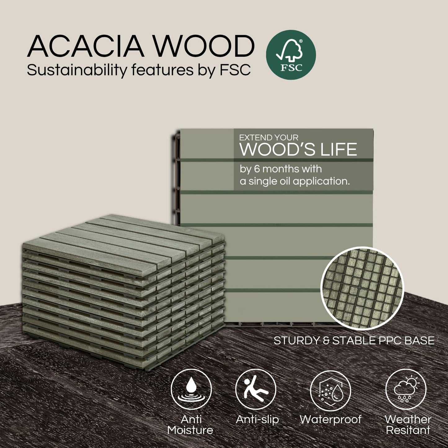 Outdoor Waterproof Acacia Wood Deck Tiles - 10 Pcs Patio Flooring for All Weather Use