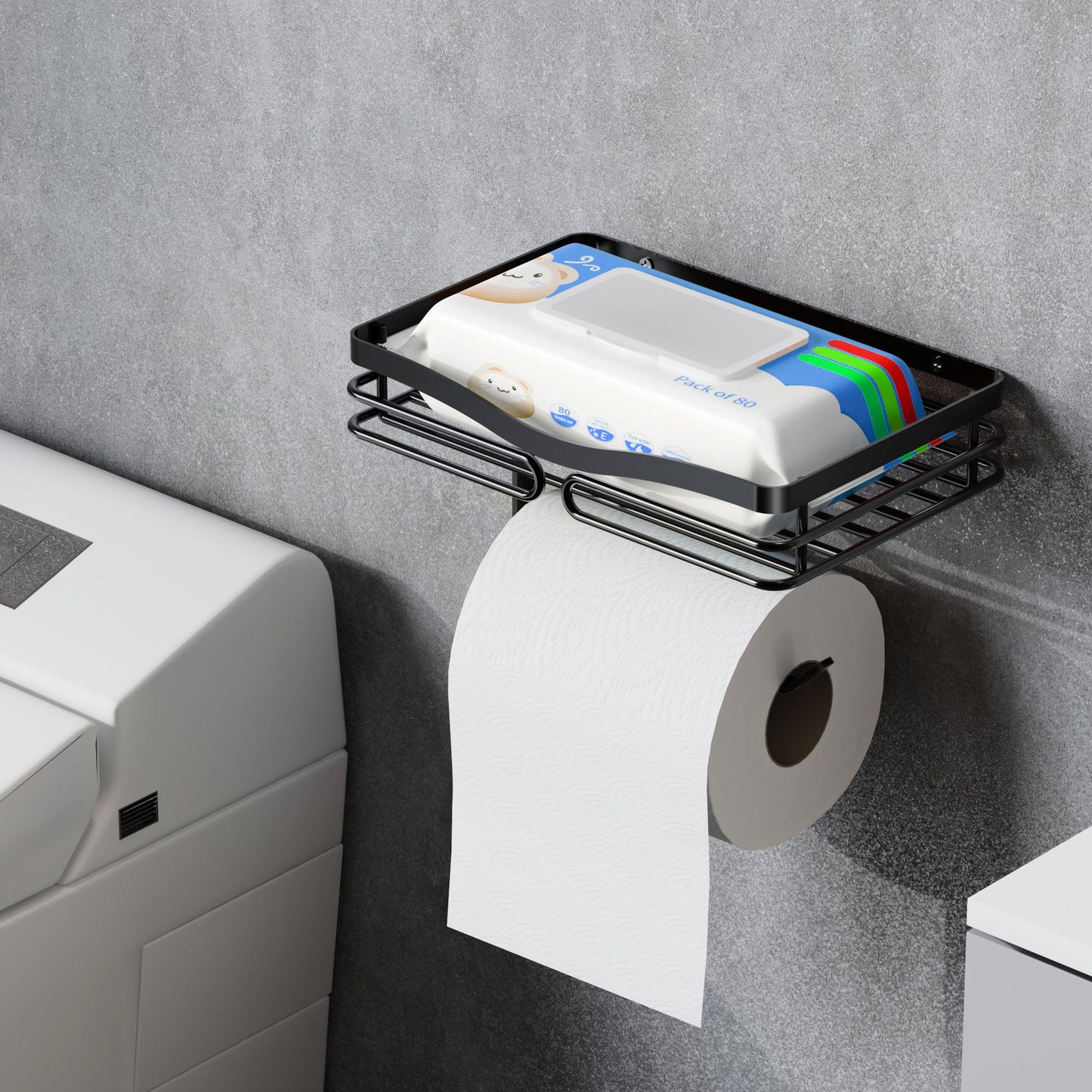 Adhesive Toilet Paper Holder Shelf - Wipes Storage Without Drilling, Stick on Toilet Paper Roll Holder, Waterproof Black