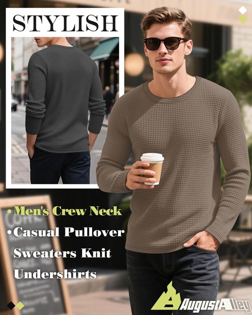 August Alley 5 Pack Thermal Waffle Shirts for Men, Crew Neck Long Sleeve Casual Pullover Underwear Textured Knit Tops(Black, Dark Gray, Gray, White, Coffee,Large)