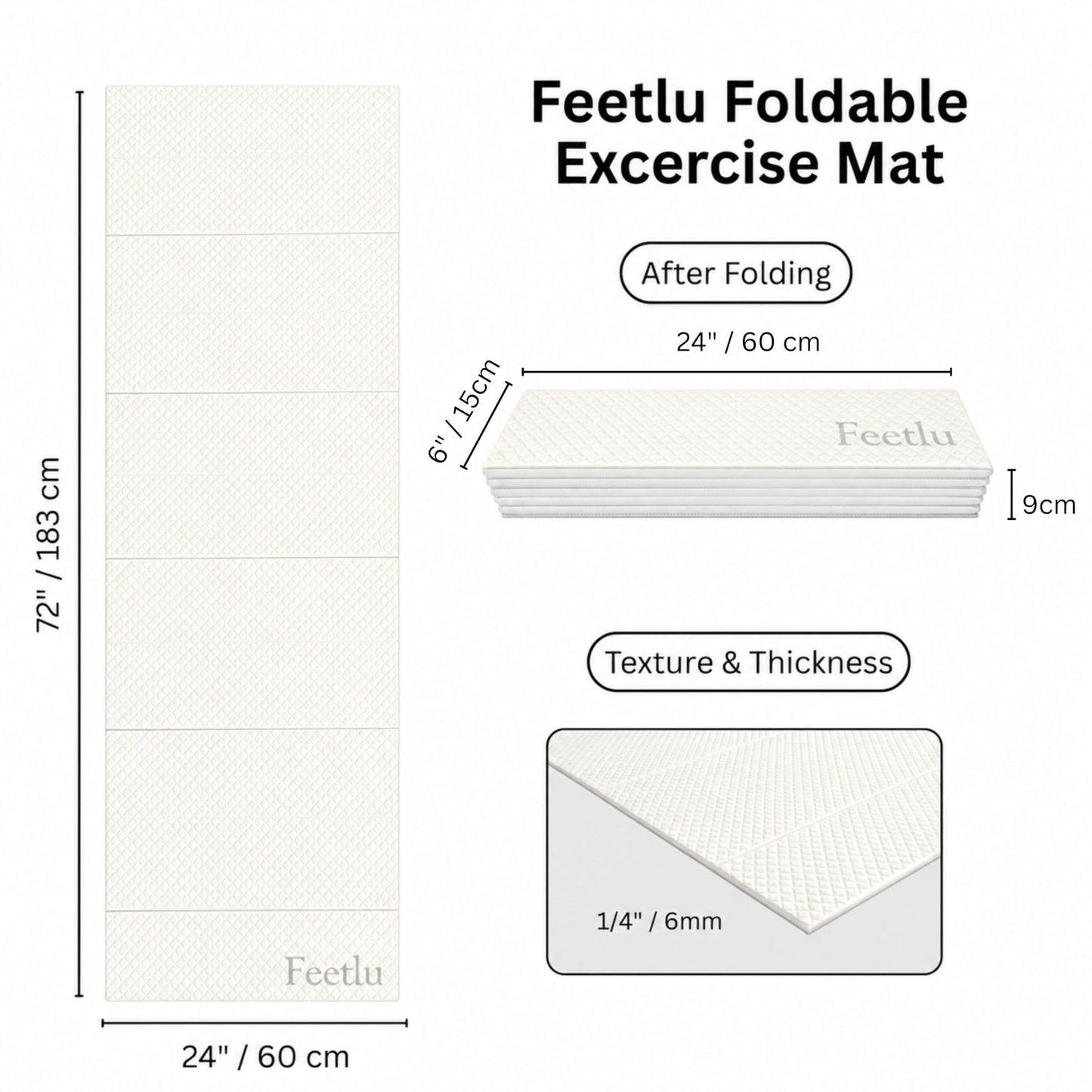 Feetlu Foldable Yoga Exercise Mat, 6mm/8mm/10mm/12mm Thickness, 72 x 24 Inch - Lightweight, Anti-Slip, and Easy to Store for Yoga, Pilates, Home Workouts, and Floor Exercises (White 6mm)