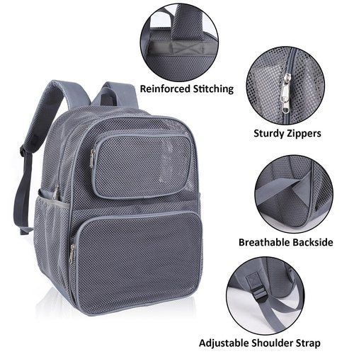 COVAX Large Mesh Backpack, Semi-transparent College Backpack, See Through Mesh Bookbag with Bungee and Comfort Padded Straps for Travel, Swimming, Beach, Outdoor Sports (Grey)
