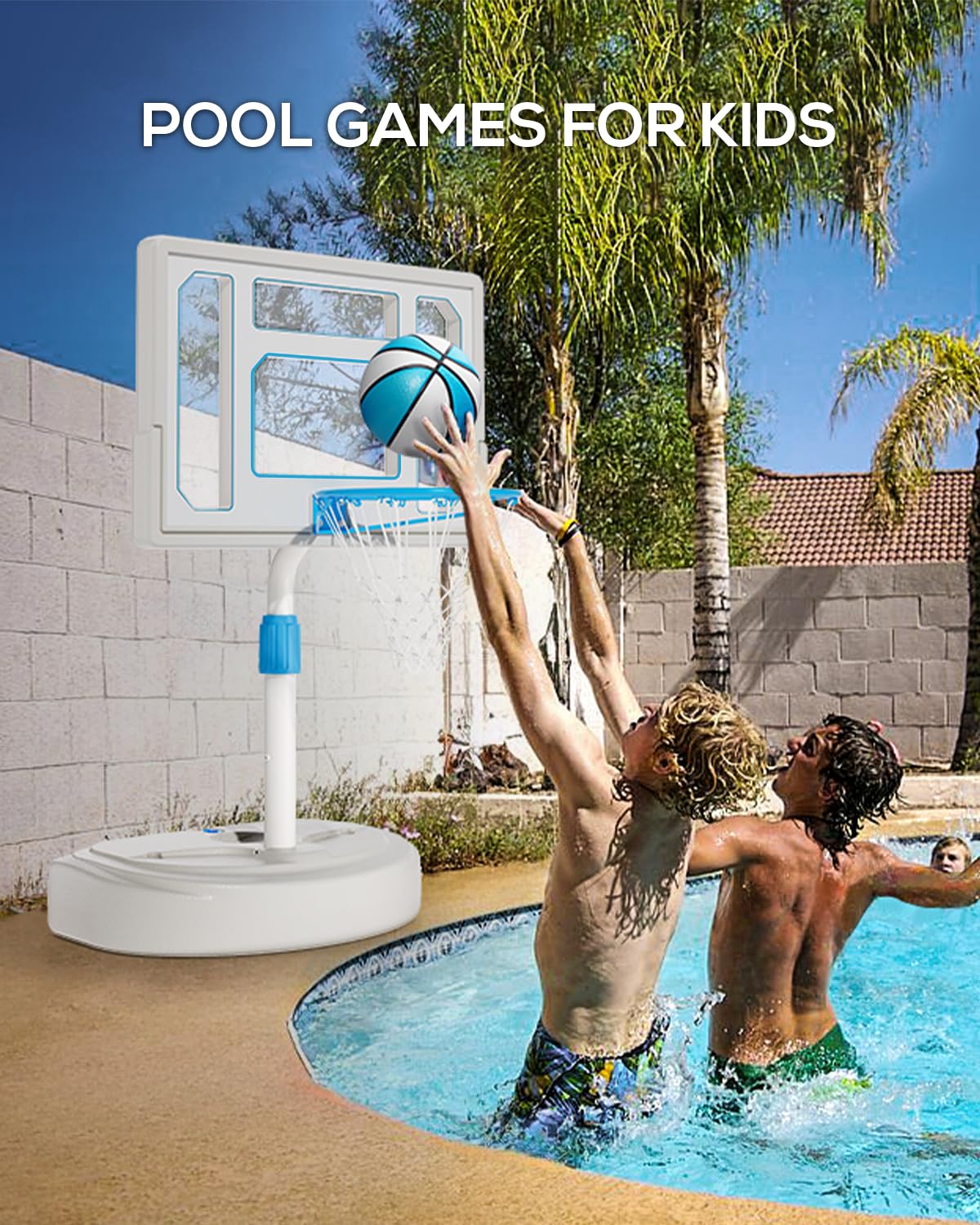 Stainless Steel Pool Basketball Hoop Poolside, Adjustable Swimming Pool Basketball Goal with 32 Inch Shatterproof Backboard, Poolside Water Basketball Hoop, 2 Balls & Pump Included (32in Pool Hoop)