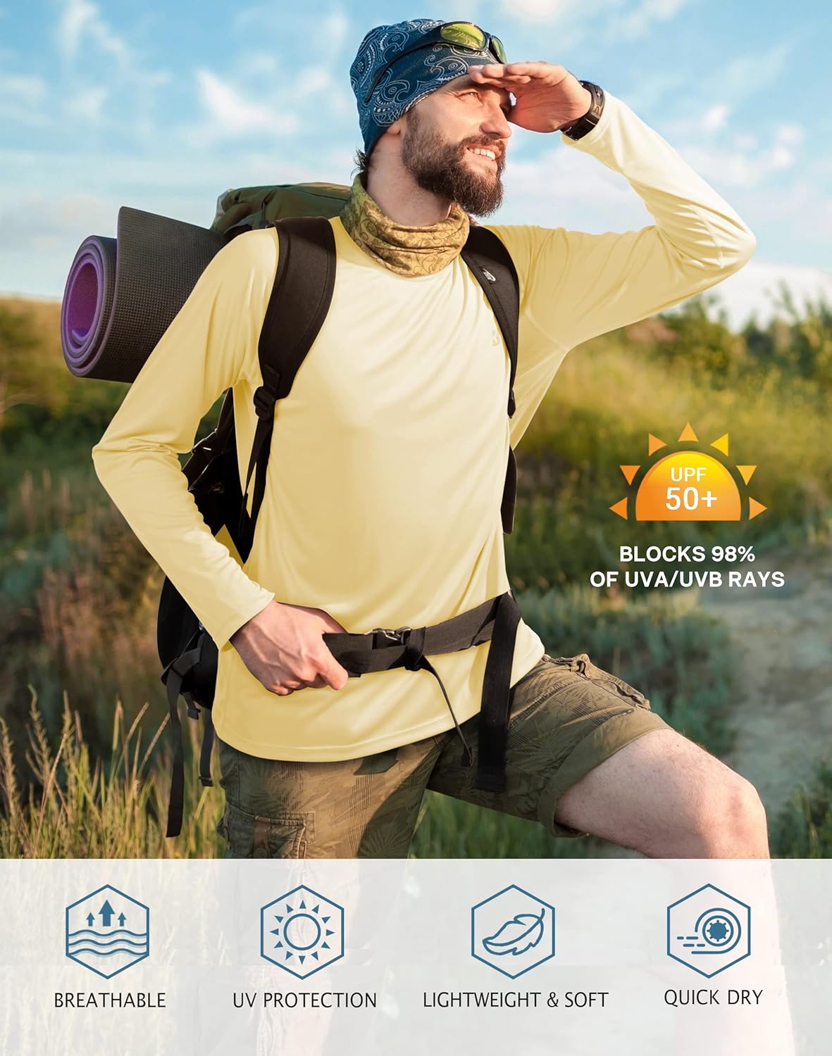 Roadbox Men's UPF 50+ UV Sun Protection Long Sleeve Shirt - Ideal for Fishing, Hiking, and Running