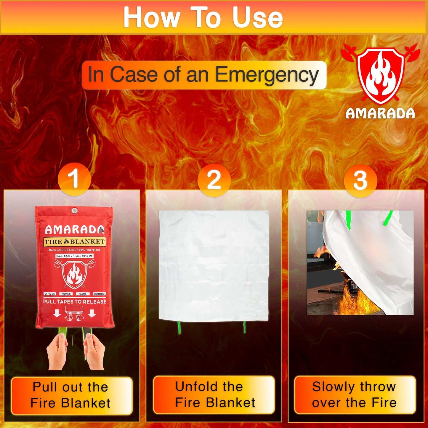 AMARADA | 2 Pack Emergency Fire Blanket | Large Size 59"x 59" | Ideal for Kitchen, Schools, Offices, Cars, Camping, BBQ, Outdoor Activities