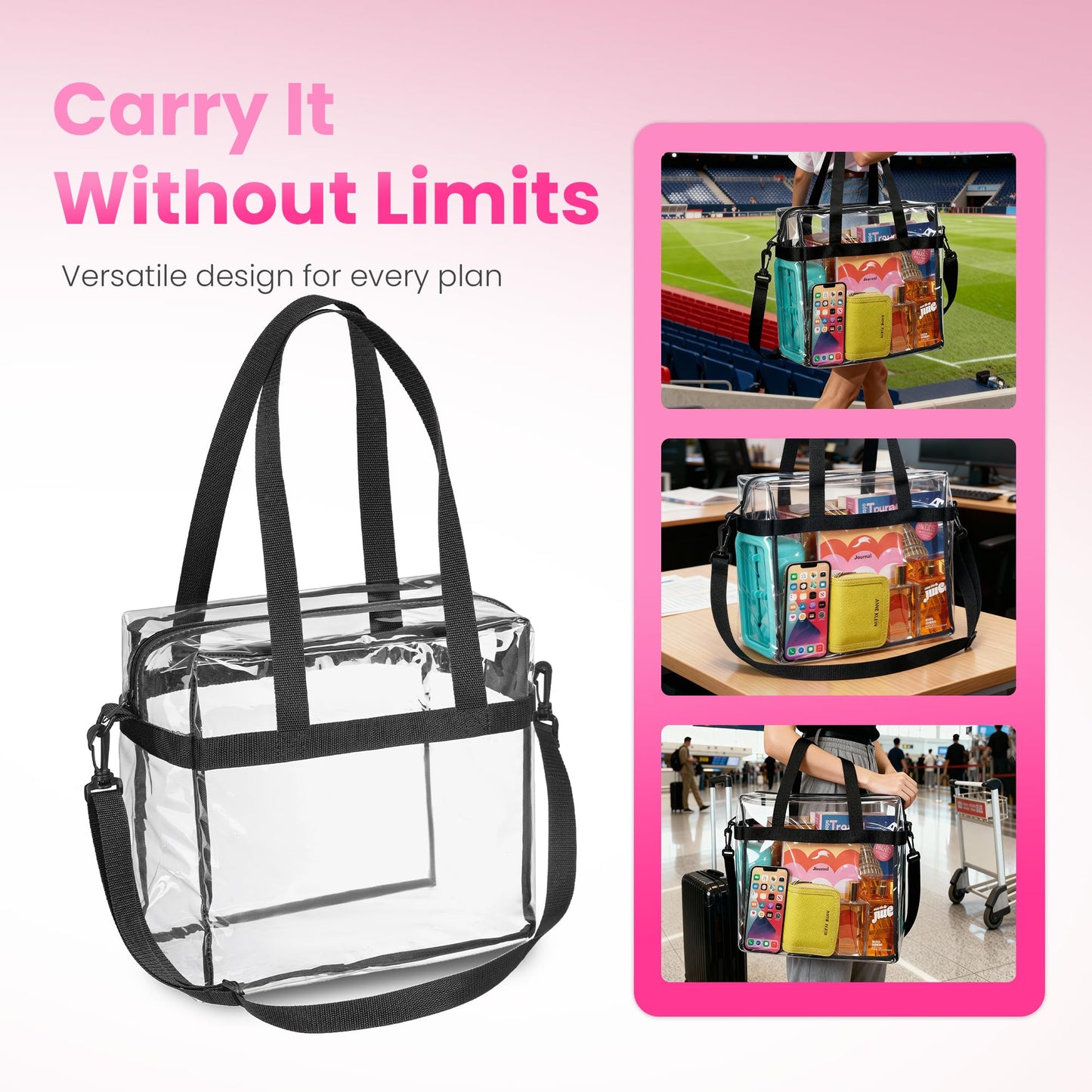 Handy Laundry Clear Tote Bag Stadium Approved - Shoulder Straps and Zippered Top. Perfect Clear Bag for Work, Sports Games and Concerts. Meets Stadium Tournament Guidelines. (Black)