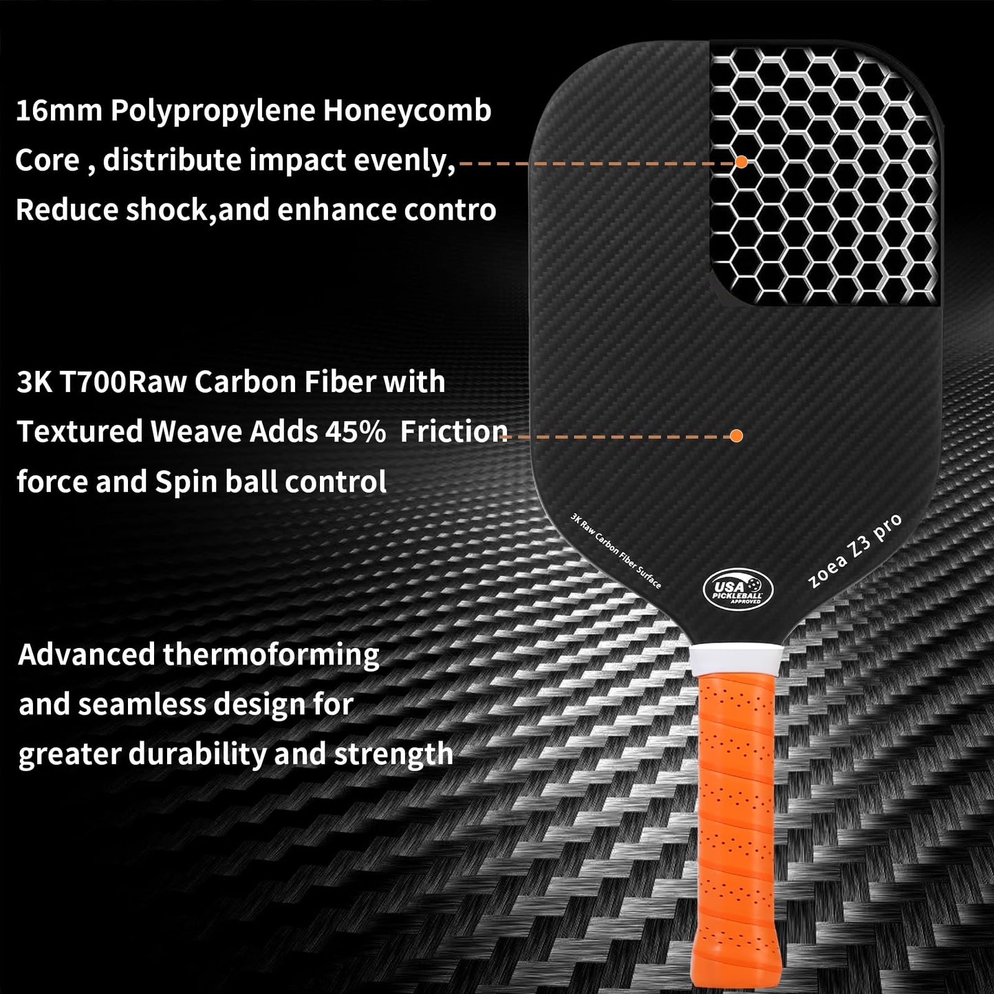 ZOEA Pickleball Paddle, USA Pickleball Approved, 16MM Polypropylene Honeycomb Core, Edgeless Style 3K Raw Carbon Fiber Surface + Carbon Abrasion Surface, Ideal for Novice and Professional Players 1PC