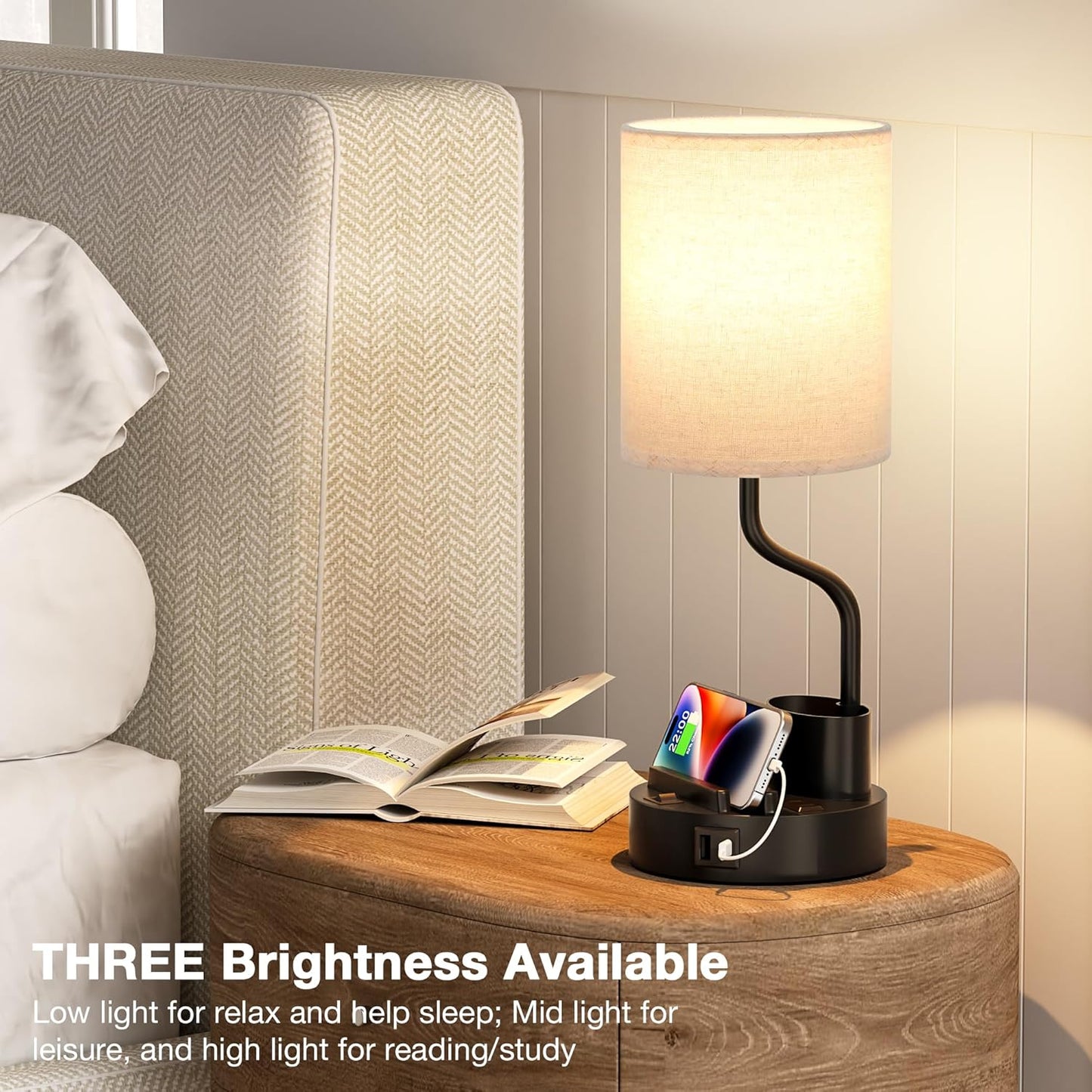 Set of 2 Bedside Table Lamps with USB & AC Outlet - 3 Color Temperatures, Desk Light & Phone Stand for Bedroom, Living Room, Office