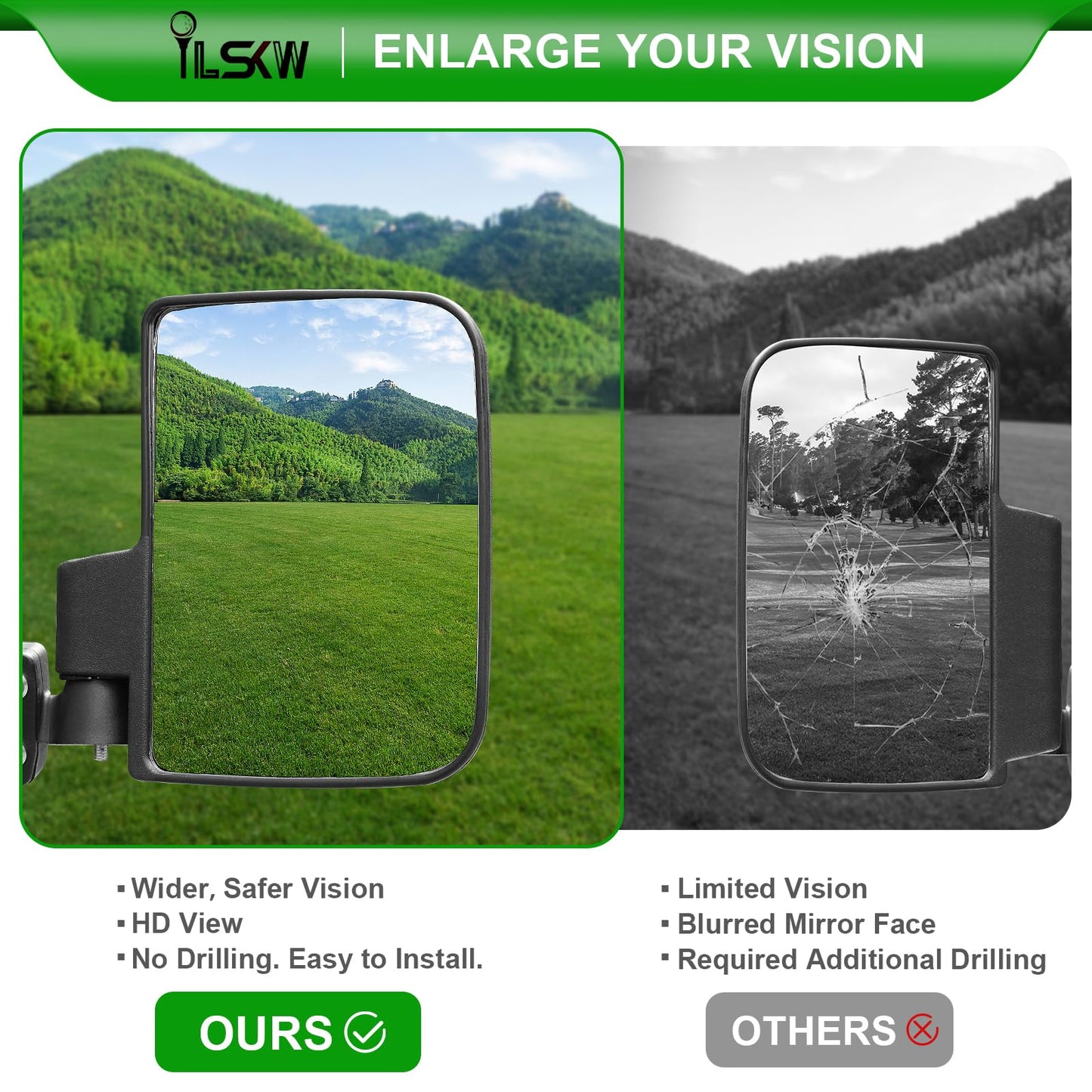 No Drilling Golf Cart Side Mirrors with Built-In Reflector, Universal Rear View Mirrors for 0.75"/1"/1.25" Square Strut Fits Ezgo,Club car,Yamaha Cart with 180 Degree Rotation HD Glass
