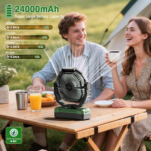 FRIZCOL 3-in-1 Camping Fan - Rechargeable Portable Fan with 24000mAh Battery, Light & Remote - Green