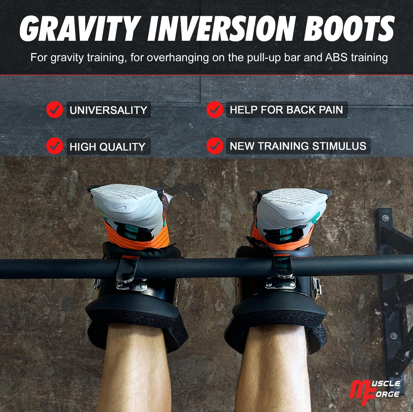 MuscleForge Gravity Boots with Safety Lock, Inversion Boots for Gravity Fitness Training (Pair), for Overhang on the Back and ABS Training, Comfortable 3cm Foam Padding