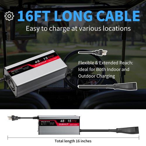 48V 15A Golf Cart Battery Charger for EZGO RXV & TXT Triangular Plug, 16FT Long Cable, Intelligent Charging Technology, Multi-Protection, Fast Charging