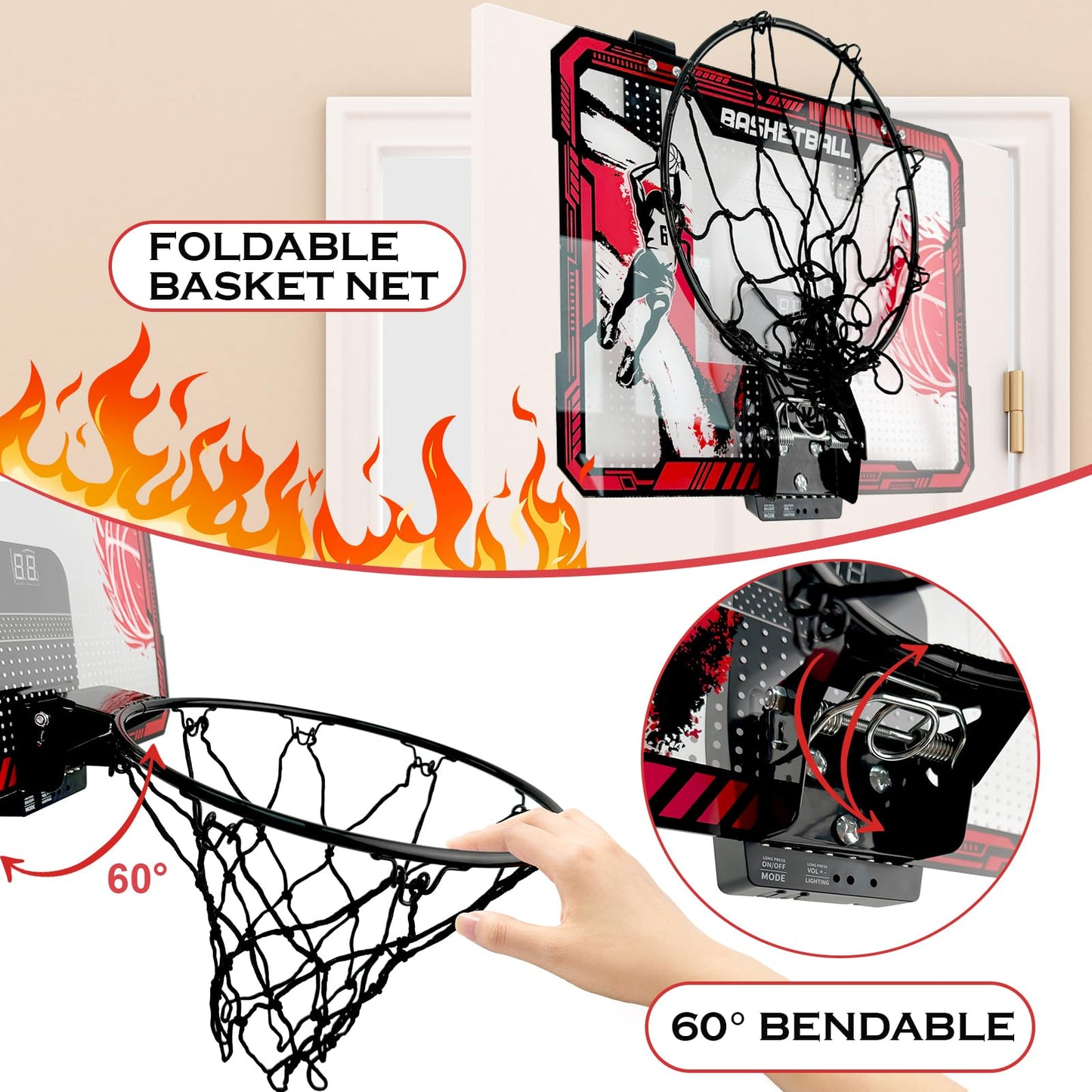 TALGIC Basketball Hoop Indoor, Over The Door Basketball Hoops with LED Lighting, Mini Hoop with Electronic Scoreboard, 4 Balls & Pump, Basketball Gifts for 5 6 7 8 9 10 11 12 Year Old Boys Girls