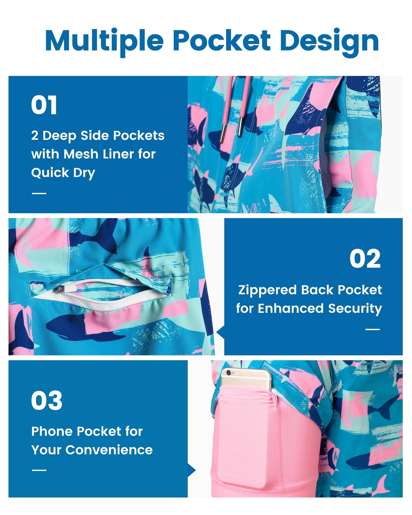 maamgic Mens Swim Trunks with Compression Liner 7 Inch Inseam Mens Bathing Suit Quick Dry Swimming Trunks Swimsuit Shark Blue Pink Medium