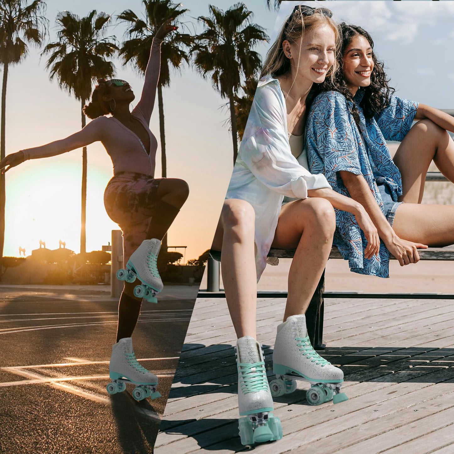 SMOOJOY Roller Skates for Women Girls and Kids, Light Up Wheels - White Quad Outdoor PU Leather High-Top Design Derby Rollerskates for Beginners Youth Sizes 2 3 4 5 6 7 8 9 10 11