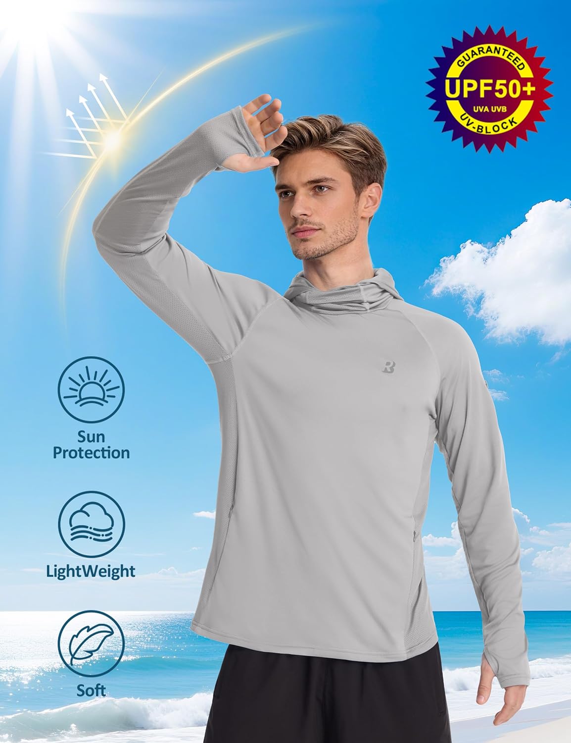 Roadbox Men's UPF 50+ Sun Protection Hoodie - Lightweight Long Sleeve Fishing Shirt with Mask for Hiking & Running