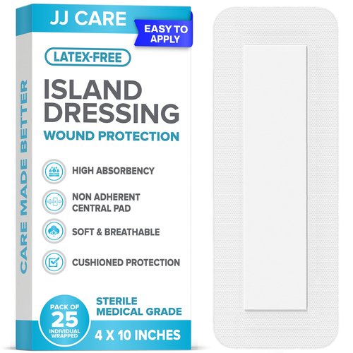 JJ CARE Adhesive Island Dressing [Pack of 25], 4” x 10” Sterile Bordered Gauze, Breathable Island Wound Dressing, Individually Wrapped Adhesive Gauze Bandages with Non-Stick Central Pad