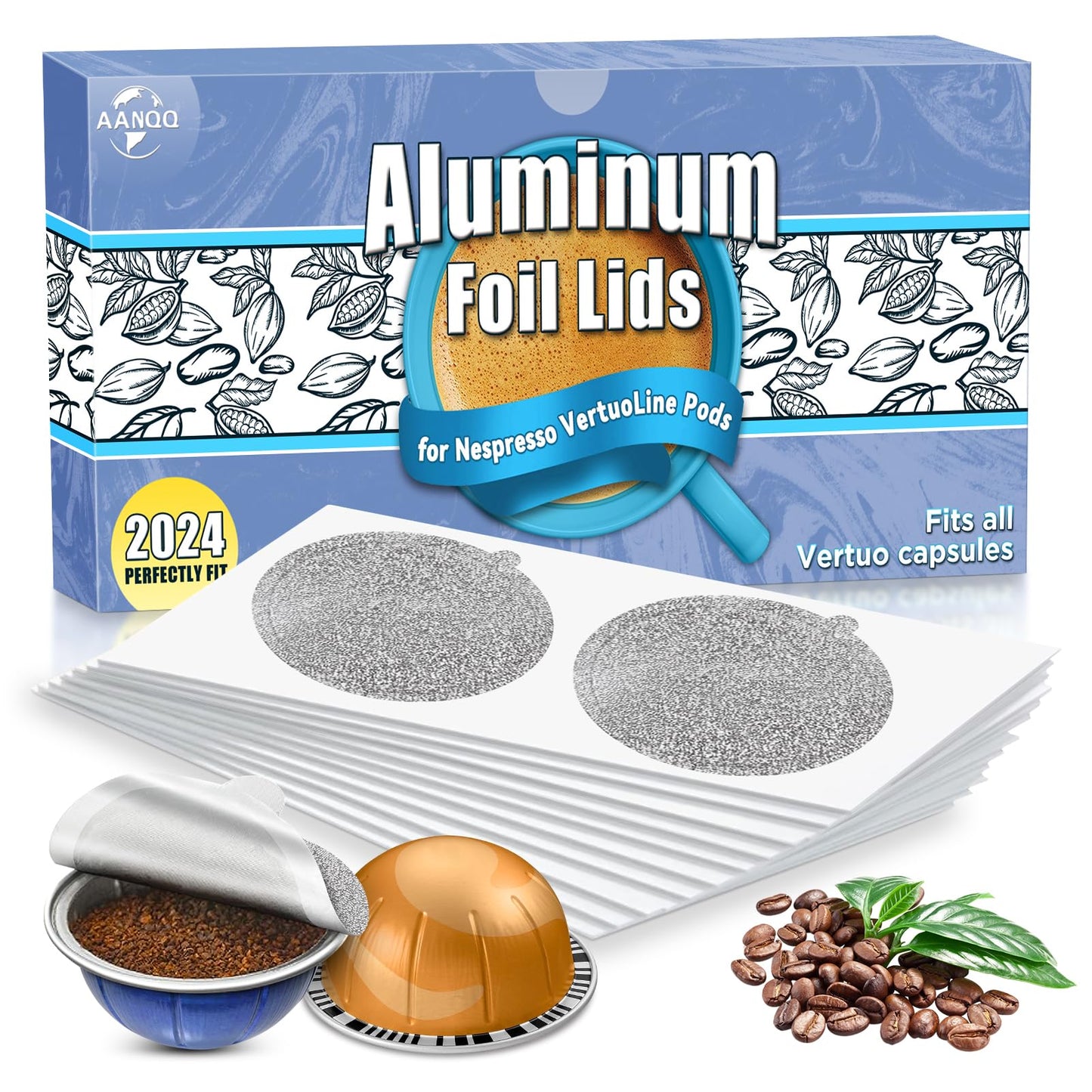 AANQQ Aluminum Foil Seals for Vertuo Reusable Pods: 100 PCS Cover Foil Lids for Refill Espresso Coffee Pods - Fit with Nespresso Vertuoline VertuoPlus Refillable Capsule(V2 Stickers Only)