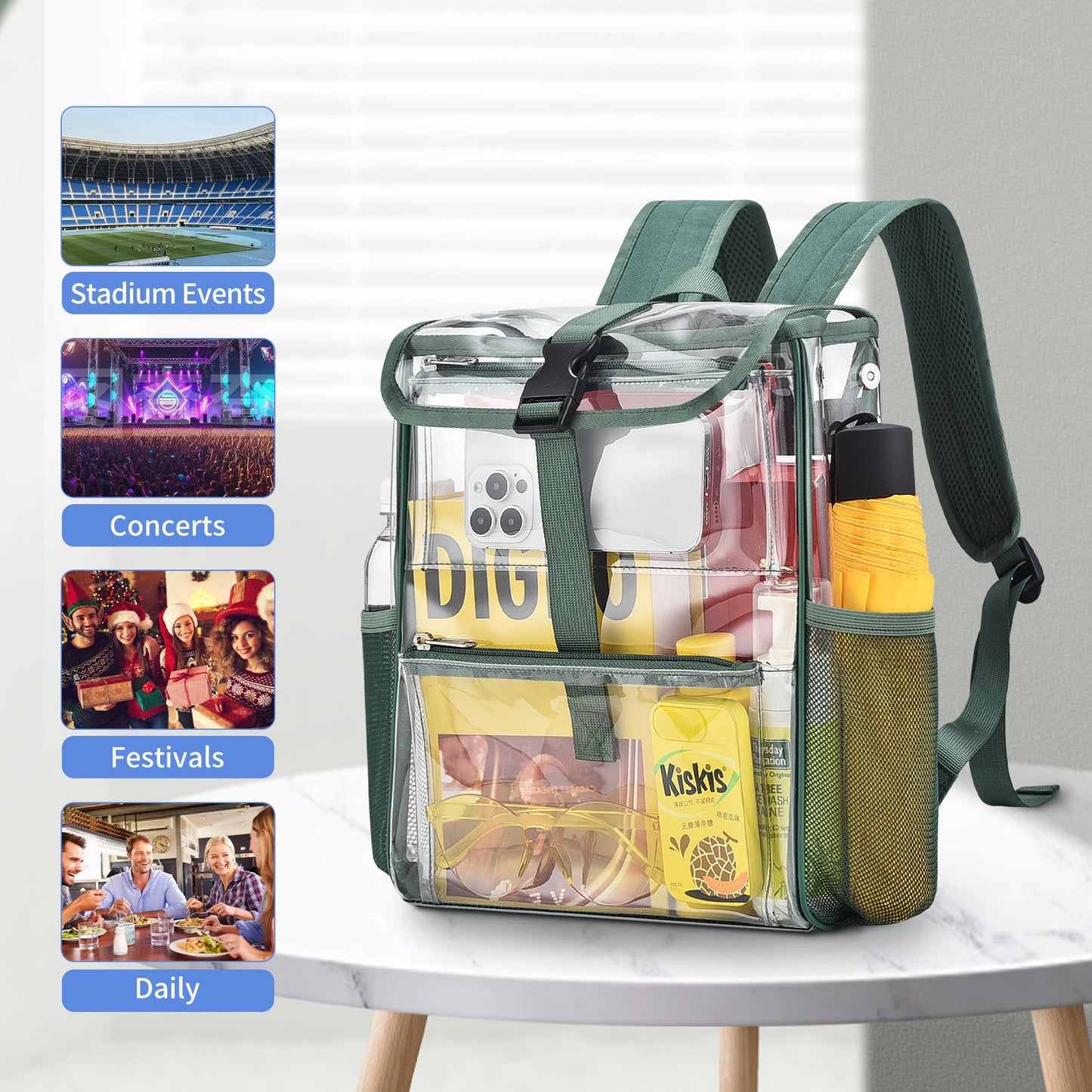 Mildbeer Green Clear Stadium Backpack for Sports Events & Concerts - Compact PVC Flap Backpack with Multi-Pocket Design