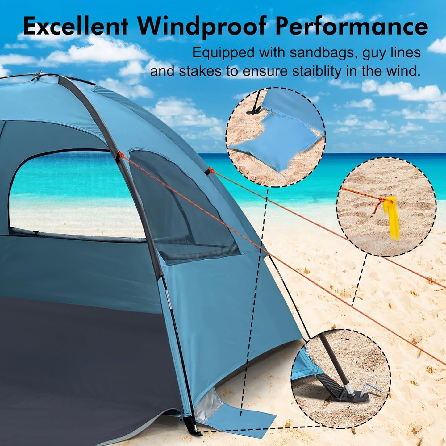 WhiteFang Beach Tent - Anti-UV Portable Sun Shade Shelter for Up to 8 People | Extendable Floor & 3 Mesh Windows