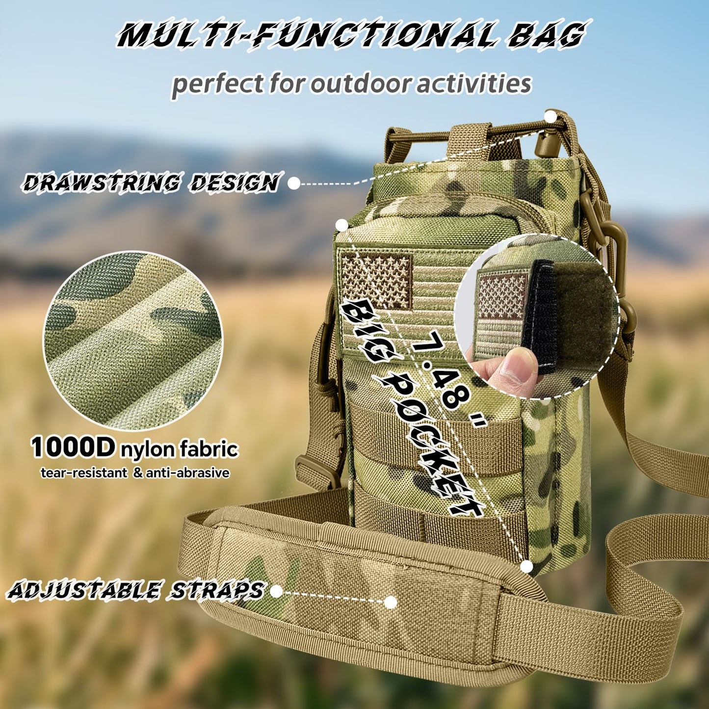 Water Bottle Holder with Strap - Tactical Insulated Water Bottle Sleeve with MOLLE System for Backpack Military Camo Cross-Body Pouch for Walking Hiking Camping Gym 32oz&40oz