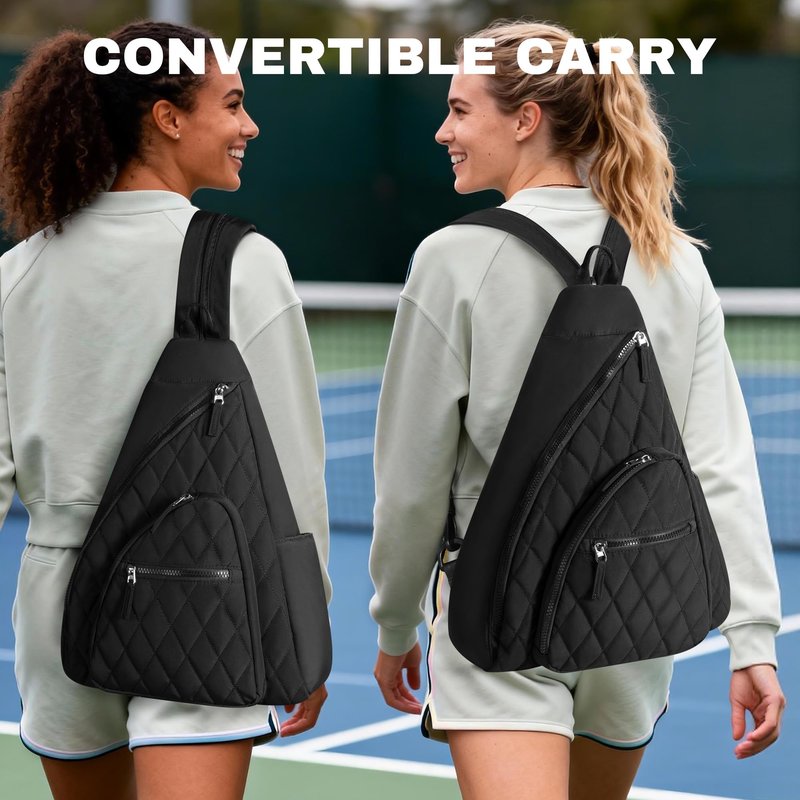 Trahzia Pickleball Sling Bag for Women and Men, Pickle Ball Paddle Backpack with Fence Hook for Racquetball, Badminton Rackets, Black